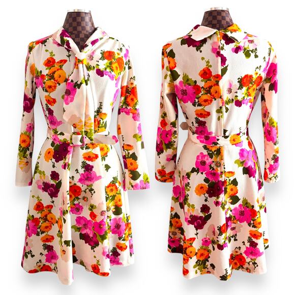 Vintage Dresses & Skirts - Vintage 1960s Jerri of Miami Floral Dress M Belt Scarf White Pink Orange MCM